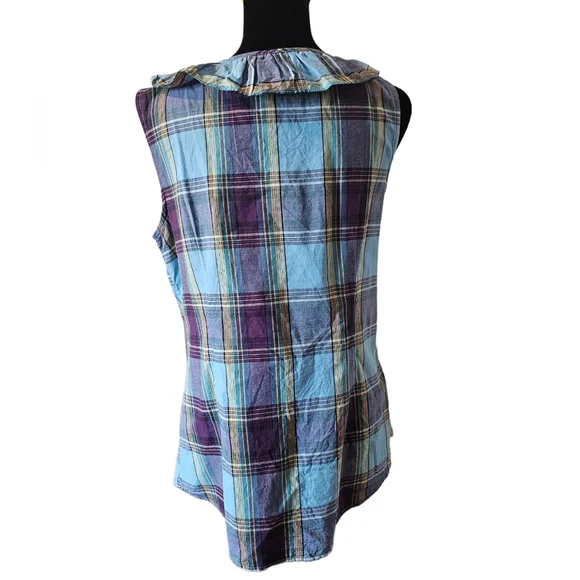Heritage Collection by Bass Madras Plaid Sleeveless Ruffle Front Blouse Size Med - Picture 4 of 5